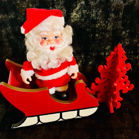 Adorable Vintage 10” Mechanical Santa, Handmade Wood Sleigh, Velvet Flocked Tree - Picture 2 of 14